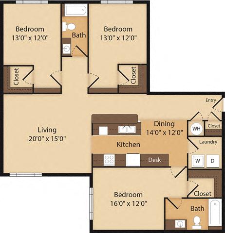 Floor plan for 3 beds, 2 baths, 1740 sqft